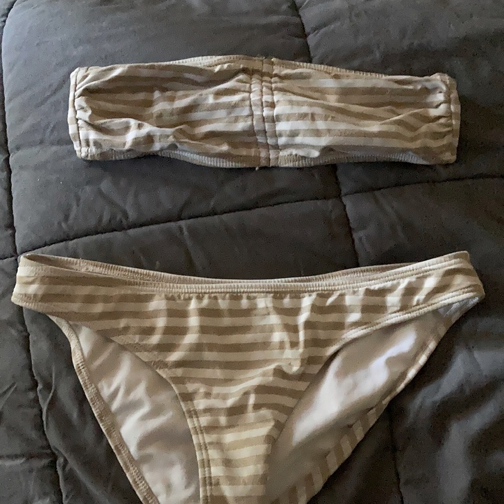 Gold and White Striped Two Piece Bathing Suit